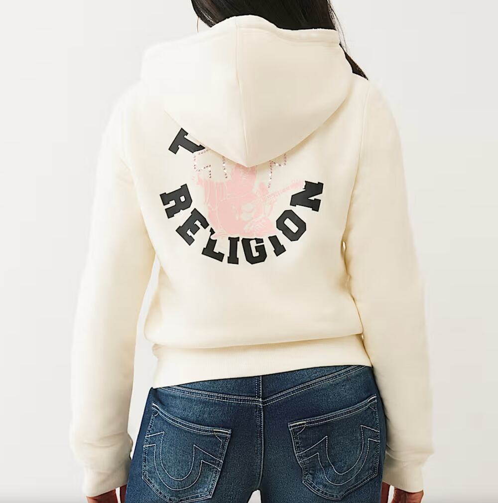 True Religion Sherpa-Lined Buddha Rhinestone Logo Full Zip Hoodie Size L